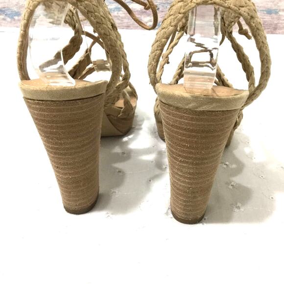 Tahari Tan "Denny" Woven Detail Open Toe Faux Suede Strappy Lace Up Sandal 8.5M - Picture 7 of 10